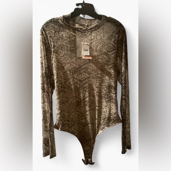 Charmed Hearts Tops - Charmed Hearts Mesh Snake Print Long Sleeve Bodysuit